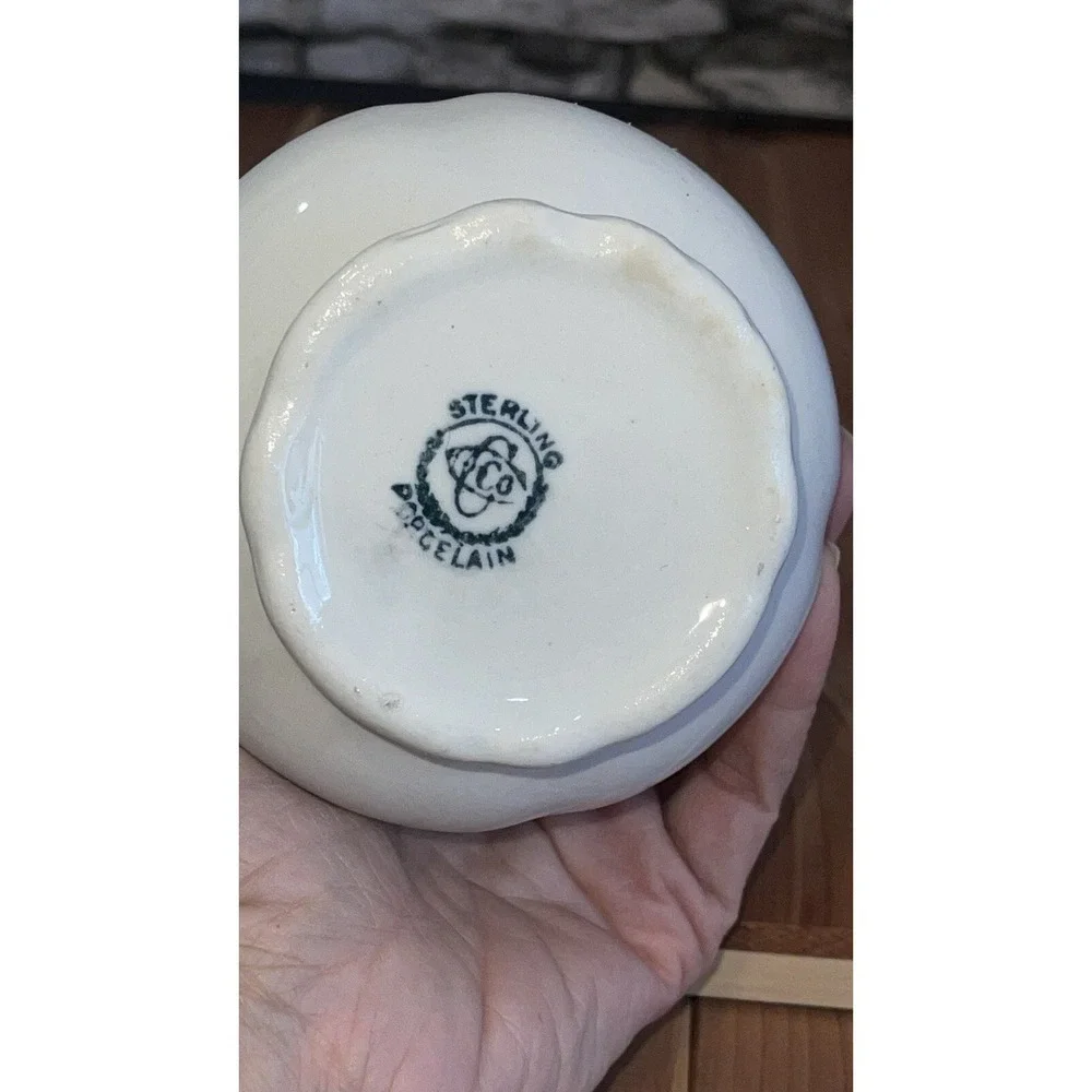 RARE Antique Sterling Porcelain Small Vase Brush Jar White & Floral,
